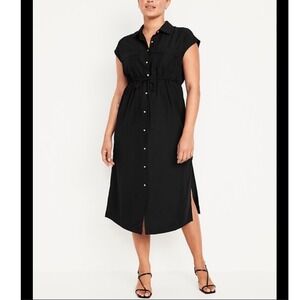 NEW Old Navy Black Button Front Shirt Dress Midi Petite L Utility Resort Travel